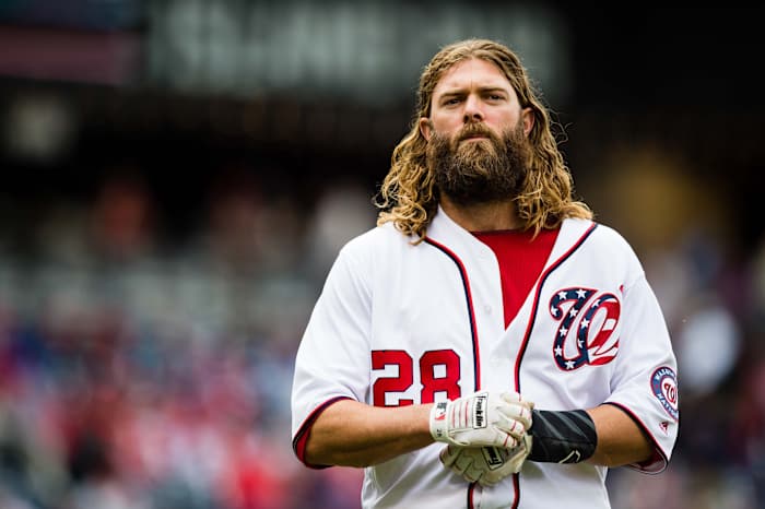 Washington Nationals outfielder Jayson Werth reacts
